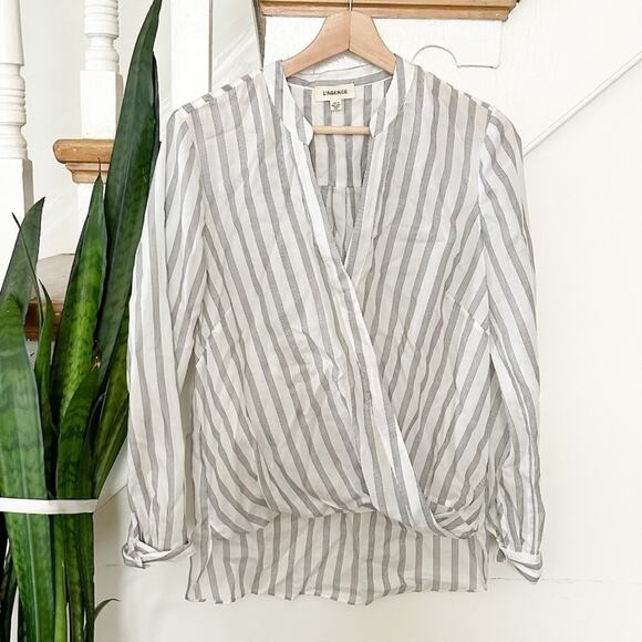 L'agence White Black Striped Long Sleeve Surplice V-Neck Draped Kyla Top Size XS - Picture 2 of 7